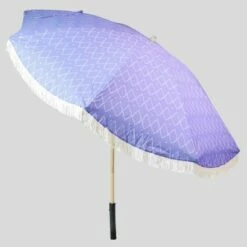 8.5' x 8.5' Spaced Diamonds Scalloped Patio Umbrella White Fringe - Light Wood Pole - Opalhouse™