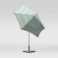 9' Round Patio Umbrella DuraSeason Fabric™ Aqua/Navy Stripe - Light Wood Pole - Threshold™