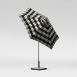 9' Round Buffalo Plaid Patio Umbrella DuraSeason Fabric™ Black - Black Pole - Threshold™