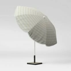 8.5' Scalloped Floral Print with Pom Poms Patio Umbrella DuraSeason Fabric™ Green - White Pole - Opalhouse™