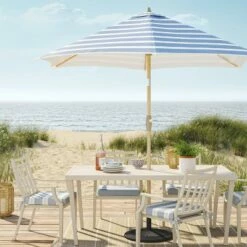 9' DuraSeason Fabric™ Striped Patio Market Umbrella Navy/Linen - Threshold™