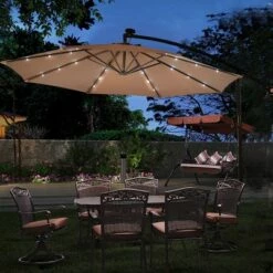 Costway 10' Hanging Solar LED Umbrella Patio Sun Shade Offset Market W/Base Tan -Deals Patio Umbrellas Store unnamed file 1723