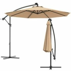 Costway 10' Hanging Solar LED Umbrella Patio Sun Shade Offset Market W/Base Beige