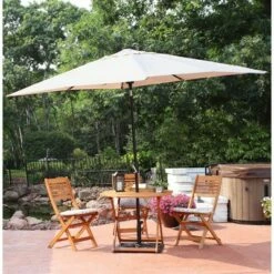 Sunnydaze Decor Sunnydaze Outdoor Rectangle Patio Market Umbrella with Solar LED Lights, Beige