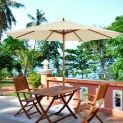 Costway 10 ft Wooden Outdoor Patio Table Umbrella W/Pulley Height Adjustable