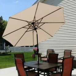 Sunnydaze Decor Sunnydaze Outdoor Solar Patio Umbrella with Polyester Canopy, LED Lights and Push Button Tilt and Crank - 9' - Beige -Deals Patio Umbrellas Store unnamed file 2697
