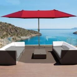 Outsunny 15' Steel Rectangular Outdoor Double Sided Market Patio Umbrella with UV Sun Protection & Easy Crank Wine Red