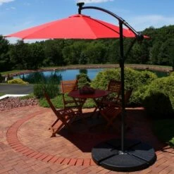 Sunnydaze Decor Sunnydaze Outdoor Steel Cantilever Offset Patio Umbrella with Solar LED Lights, Air Vent, Crank, and Base - 9' - Cherry