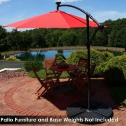 Sunnydaze Decor Sunnydaze Outdoor Steel Cantilever Offset Patio Umbrella with Solar LED Lights, Air Vent, Crank, and Base - 9' - Cherry -Deals Patio Umbrellas Store unnamed file 442