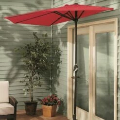 CASTLECREEK 8 Foot Half-Round Outdoor Patio Umbrella with UV/Weather-Resistant Polyester Fabric, Crank Open System, and 8 Steel Ribs, Red