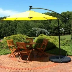 Sunnydaze Decor Sunnydaze Outdoor Steel Cantilever Offset Patio Umbrella with Solar LED Lights, Air Vent, Crank, and Base - 9' - Sunshine
