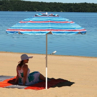 Sunnydaze Decor Sunnydaze Outdoor Vented Beach Umbrella with Tilt Function and UV Protection - 6' - Blue and Red Pacific Stripe 3 Sunnydaze Decor Sunnydaze Outdoor Vented Beach Umbrella with Tilt Function and UV Protection - 6' - Blue and Red Pacific Stripe