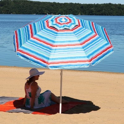 Sunnydaze Decor Sunnydaze Outdoor Vented Beach Umbrella with Tilt Function and UV Protection - 6' - Blue and Red Pacific Stripe 5 Sunnydaze Decor Sunnydaze Outdoor Vented Beach Umbrella with Tilt Function and UV Protection - 6' - Blue and Red Pacific Stripe - Image 3
