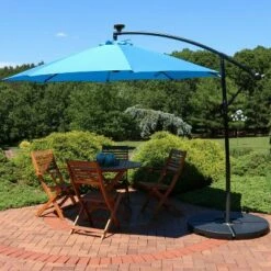 Sunnydaze Decor Sunnydaze Outdoor Steel Offset Solar Patio Umbrella with LED Lights, Air Vent, Cantilever, Crank, and Base - 9' - Azure