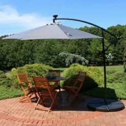 Sunnydaze Decor Sunnydaze Outdoor Steel Cantilever Offset Patio Umbrella with Solar LED Lights, Air Vent, Crank, and Base - 9' - Smoke