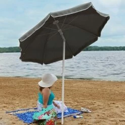 Sunnydaze Decor Sunnydaze Outdoor Travel Portable Beach Umbrella with Tilt Function and Push Open/Close Button - 5' - Gray