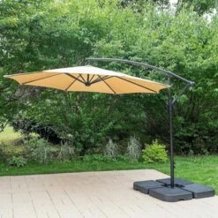 Captiva Designs 10' x 10' Outdoor Patio Cantilever Hanging Umbrella with Market Crank and Cross Base Beige
